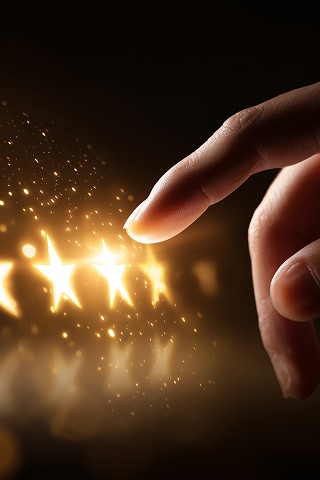 Doigt touchant cinq étoiles dorées brillantes symbolisant les avis clients